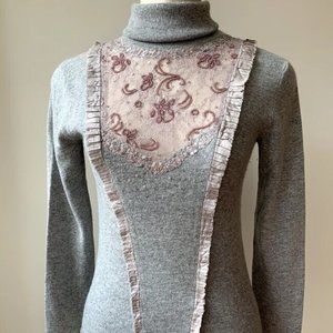 Christian Lacroix Cashmere/Wool Embroidered Sequin Grey Turtleneck Sweater VTG